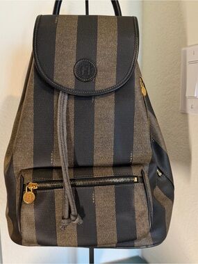 FENDI Pecan Stripe Large Backpack with Gold Hardware